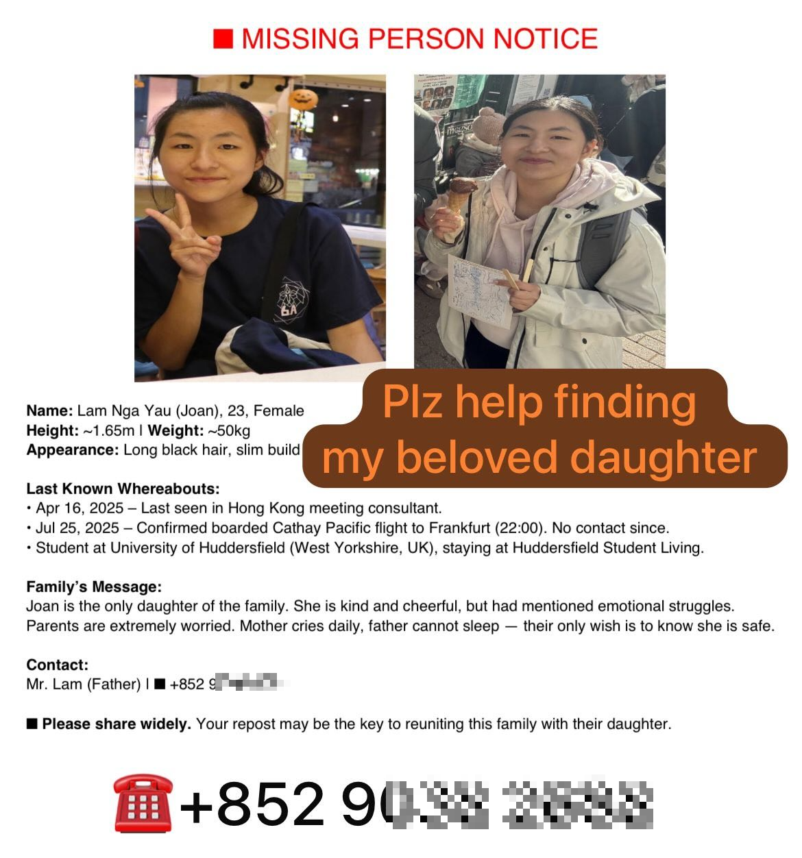 23歲香港女生林雅柔留學外國失聯家人網上尋人後揭有情緒已辦退學- 東張+