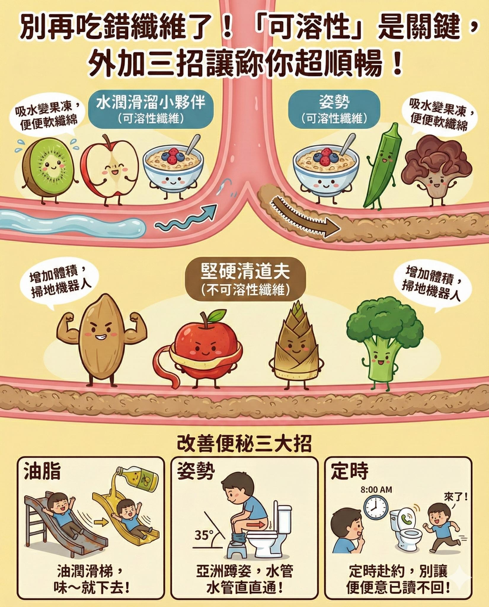 May be an illustration of ‎text that says '‎別再吃錯纖維了！ 再吃錯纖維了!可溶性」是關鍵， 「可溶性」是關鍵， 「可溶性」 是關鍵， 外加三招讓歇你超順暢！ 吸水變果凍，水潤滑溜小夥伴 吸水變果凍， 水潤滑溜小夥伴 姿勢 便便軟纖綿 （可溶性纖維） （可溶性纖維） 吸水變果凍 便便軟維綿 NAOC ЛAAHИHИHMИAWЛ 增加體積， 掃地機器人 堅硬清道夫 （不可溶性纖維） 增加體積， 掃地機器人 油脂 定時 8:00 AM 來了！ 改善便秘三大招 姿勢 35° زِ 亞洲蹲姿 水管 水管直直通！ 油潤滑梯， 味~就下去！ 定時赴約， 別讓 便便意已讀不回！‎'‎