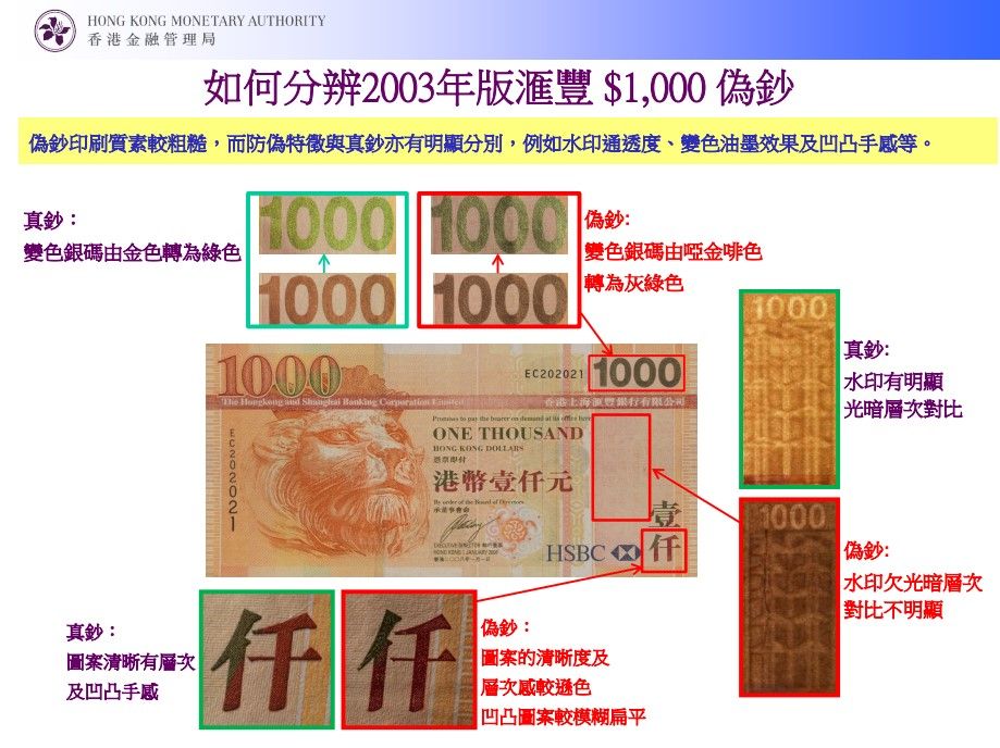 如何分辨2003年版中銀 $1,000 偽鈔 