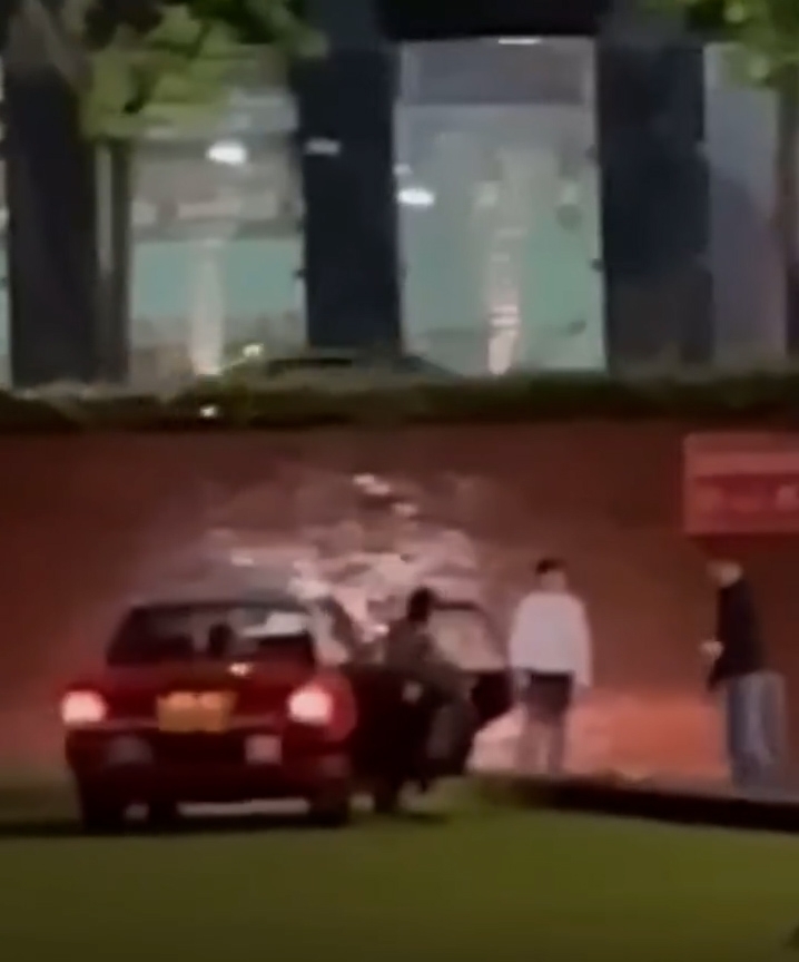 最終疑是被職員阻止，司機在草坪下車，而車內乘客亦隨後下車。 （Facebook影片截圖／車cam L（香港群組）／Akakin Li）