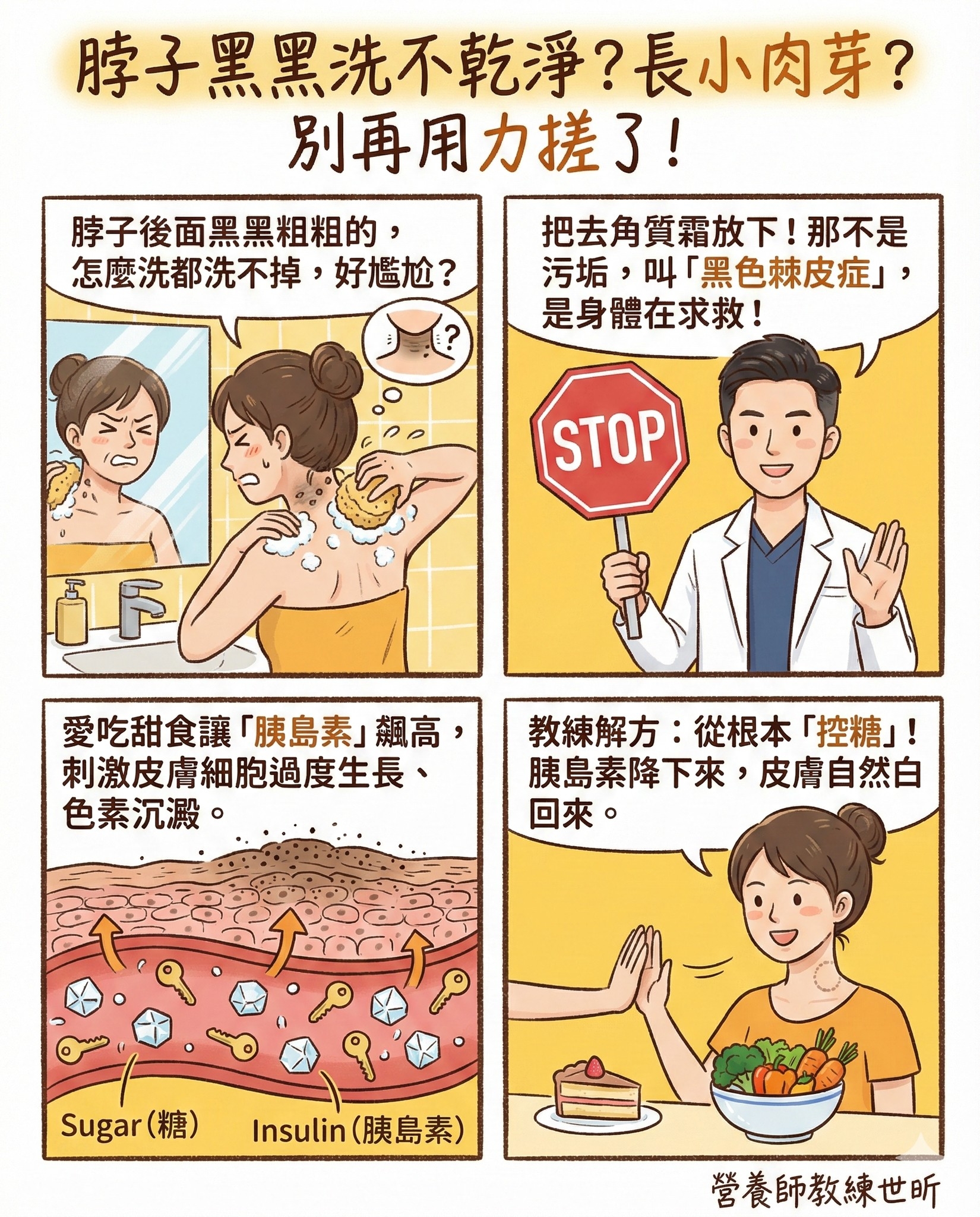 May be an image of ‎slow loris and ‎text that says '‎脖子黑黑洗不乾淨？長小 吃淨？長小肉芽？ 別再用力搓了！ 脖子後面黑黑粗粗的； 怎麽洗都洗不掉，女 好尷尬？ 把去角質霜放下!那不 那不是 污垢， 后，叫「黑色棘皮症」， 是身體在求救！ STOP ሼቶ 愛吃甜食讓 「胰島素」 愛吃甜食讓胰島素」飆高 愛吃甜食康號島素」鏡高，教練解方：從很本「袋衛」 飆高 教練解方： 從根本 教練解方：從根本「控糖」！ 控糖」！ 刺激皮膚細胞過度生長、 胰島素降下來，皮膚自然 胰島素降下來， 皮膚自然白 色素沉澱。 回來。 سره Sugar (糖） Insulin（胰島素 Insulin （胰島素） 營養師教練世‎'‎‎