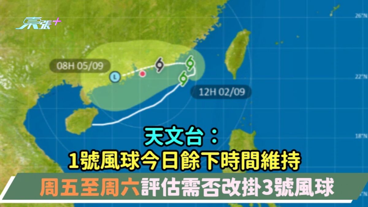 天文台：1號風球今日餘下時間維持  周五至周六評估需否改掛3號風球