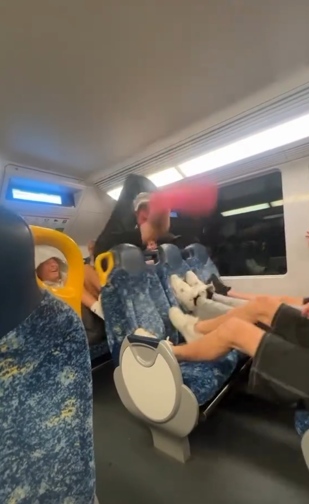 涉事影片所見，一名乘客坐在中間一列座椅的椅背上，其他人則分別坐在前後排，伸腳頂住椅背並用力搖晃，令整張椅子前後擺動，彷如機動遊戲。