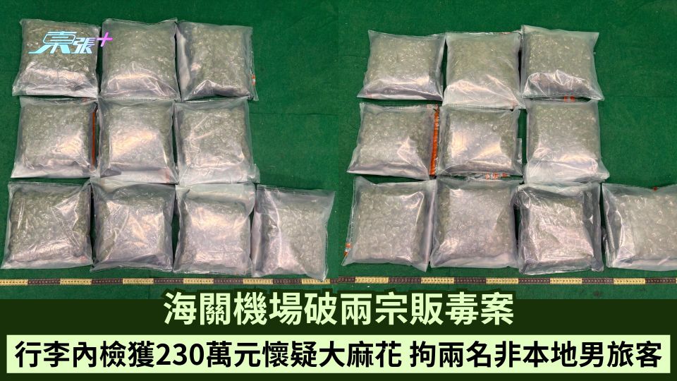 海關機場破兩宗販毒案 行李內檢獲230萬元懷疑大麻花 拘兩名非本地男旅客