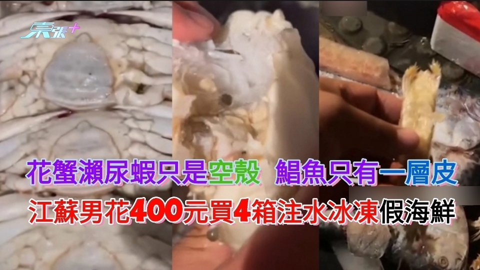 花蟹瀨尿蝦只是空殼 鯧魚只得一層皮 江蘇男花400元買4箱注水冰凍假海鮮