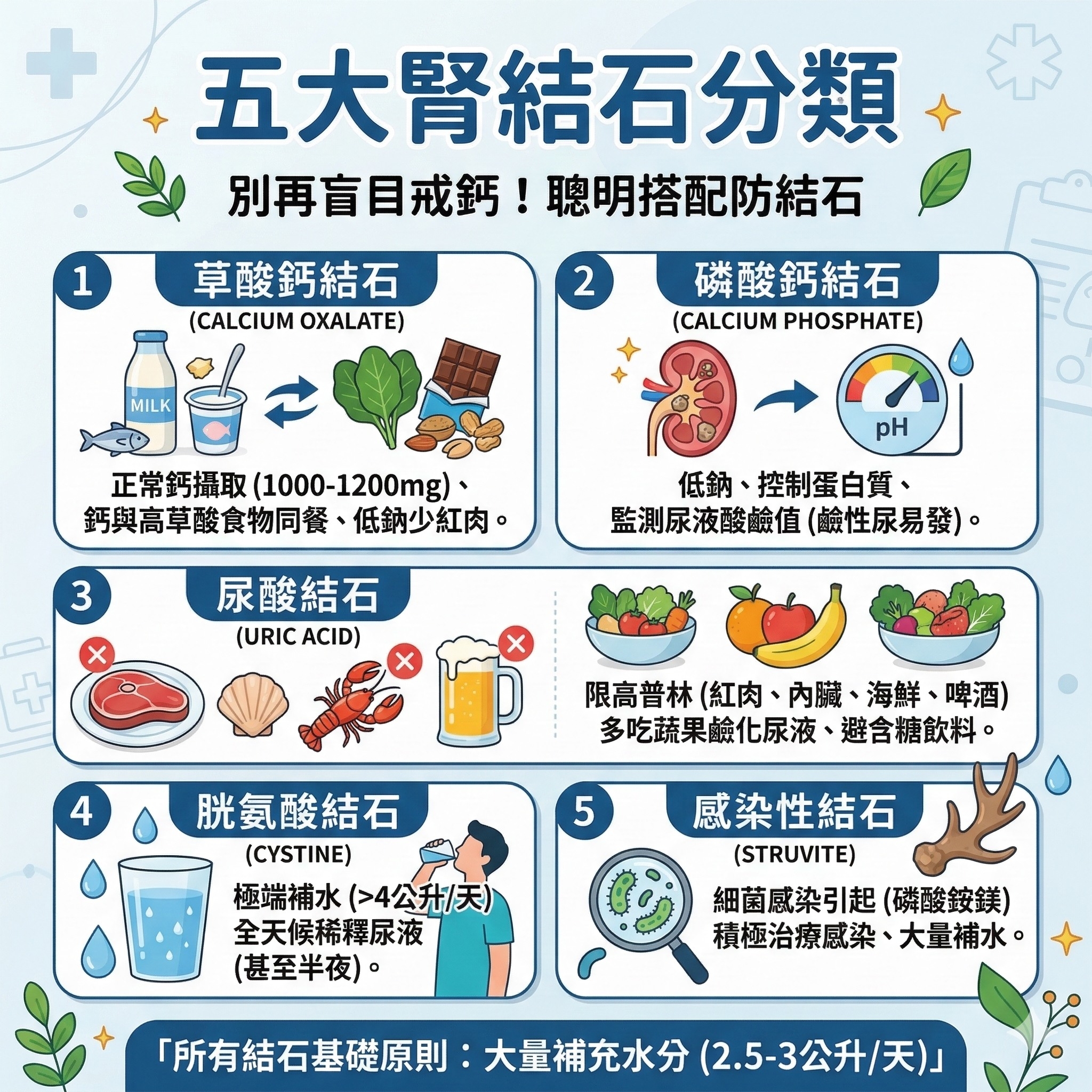 May be an image of text that says '+ 1 五大腎結石分類 別再盲目戒钙!聰明搭配防結石 聰明搭配防結石 別再盲目戒鈣！ 草酸鈣結石 (CALCIUM (CALCIUMOXALATE) OXALATE) 2 MILK 磷酸鈣結石 (CALCIUMPHOSPHATE) (CALCIUM PHOSPHATE) 正常鈣攝取 (1000-1200mg)、 鈣與高草酸食物同餐 低鈉少紅肉。 pH 3 低鈉、 控制蛋白質、 監測尿液酸鹼值( 監測尿液酸鹼值(鹼性尿易發）。 （鹹性尿易發）。 尿酸結石 (URICACID) (URIC ACID) 4 限高普林 （紅肉・ 内臓、 限高普林（紅肉、内臓、海鮮、啤酒 海鮮・ 啤酒） 多吃蔬果鹼化尿液 避含糖飲料。 5 胱氨酸結石 (CYSTINE) 極端補水（4公升/天） 極端補水 （>4公升/天） 全天候稀釋尿液 （甚至半夜）。 感染性結石 (STRUVITE) 細菌感染引起 （磷酸皱銭） 積極治療感染、大量補： 大量補水。 所有結石基礎原則 大量補充水分 「所有結石基礎原創：大量補充水分(25-3公升/天 （2.5-3公升/天）」'