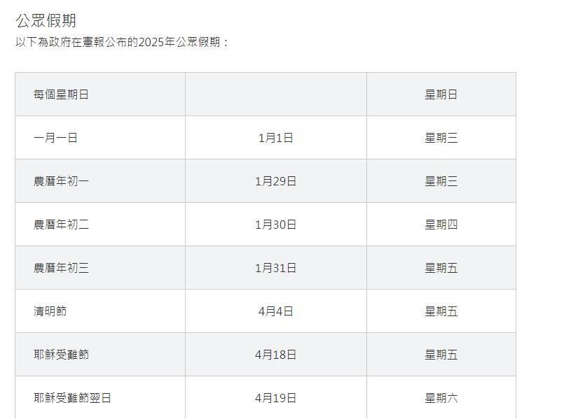 2025年公眾假期