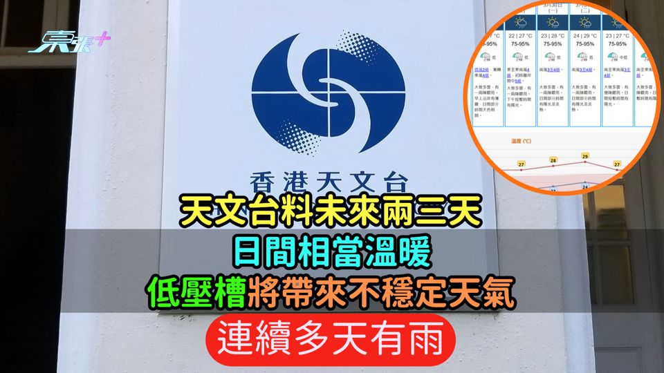 天文台料未來兩三天日間相當溫暖  低壓槽將帶來不穩定天氣連續多天有雨