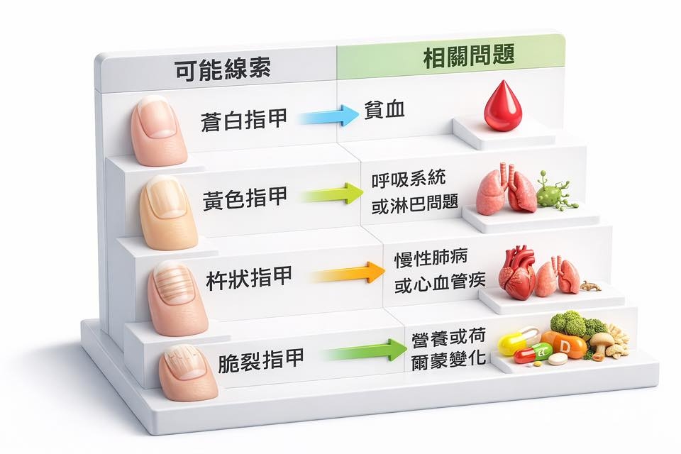 May be an image of tofu and text that says '可能綫索 相關問題 蒼白指甲 省血 黃色指甲或淋巴問題 呼吸系統 黃色指甲 或淋巴問題 杵狀指甲 慢性肺病 或心血管疾 脆裂指甲 營養或荷 爾蒙變化'