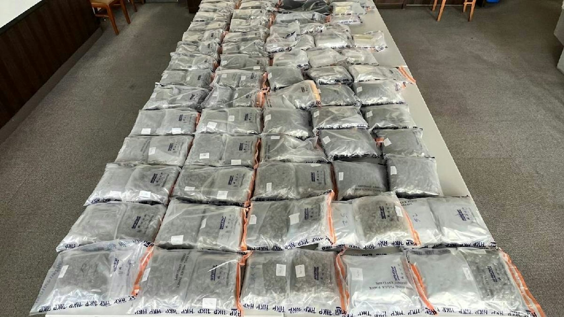 警方檢獲大麻花、依托咪酯粉、可卡因、果味甘油混合及一批毒品包裝工具。（警方圖片）