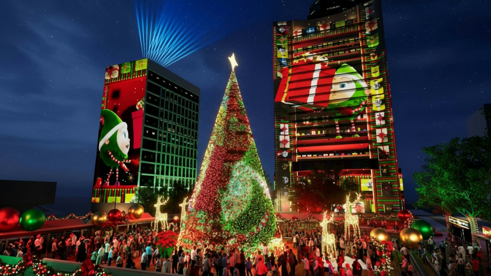 「光影匯．中環」會透過八幢中環地標外牆，以及皇后像廣場內的全息投影地面裝置，以投影、LED動畫及燈光特效呈現。（旅發局設計圖片）