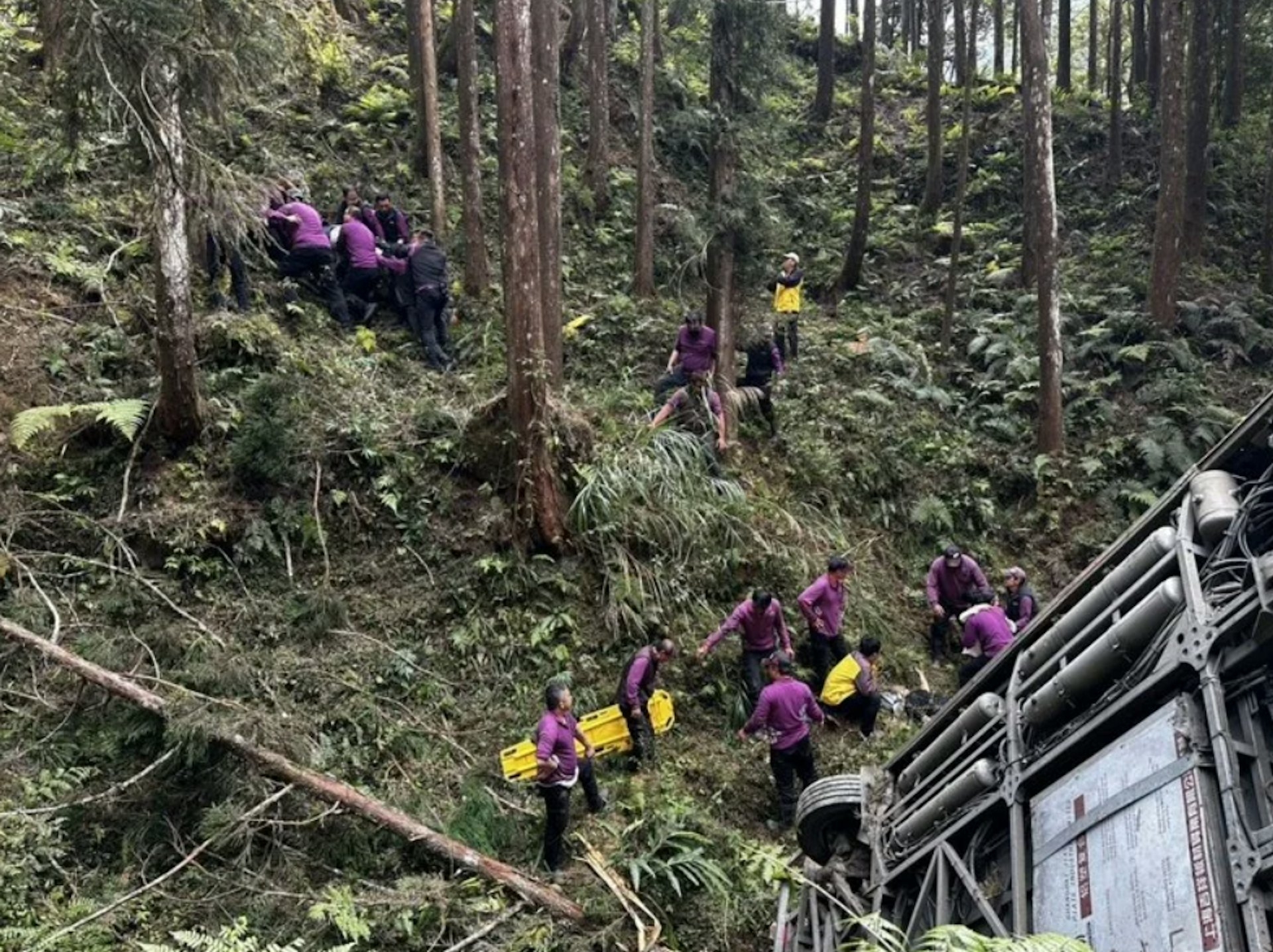 事發後，杉林溪園區派出救援隊員下谷搶救，消防隊員到場時，傷者已陸續救出。（杉林溪園區）