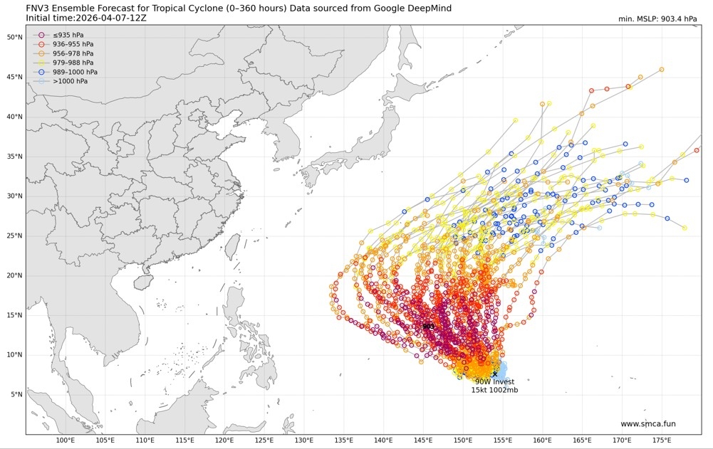 May be a graphic of map and text that says '50°N FNV3 Ensemble Forecast for Tropical Cyclone (0-360 hours) Data sourced from Google DeepMind Initial Initialtime:2026-04-07-12Z hPa 936-955 hPa ٥ 0- 956-978 hPa 45*N 1000 >1000 40*N min. MSLP: 903.4 hPa 35*N 30°N 25°N 20°N 15°N 10°N So 5*N 100'E 105°E 110°E 115°E 90W Invest 15kt 1002mb 120°E 125°E 130°E 135°E 140'E 145°E 150°E 155°E 160°E 165°E www.smca.fun fun 170°E 175°E'