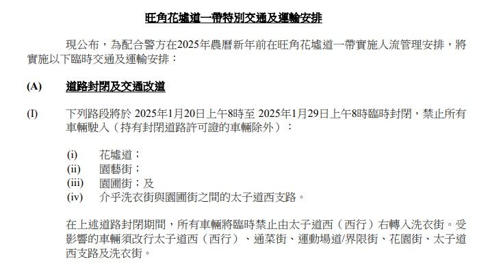 旺角花墟2025｜道路封閉及交通改道