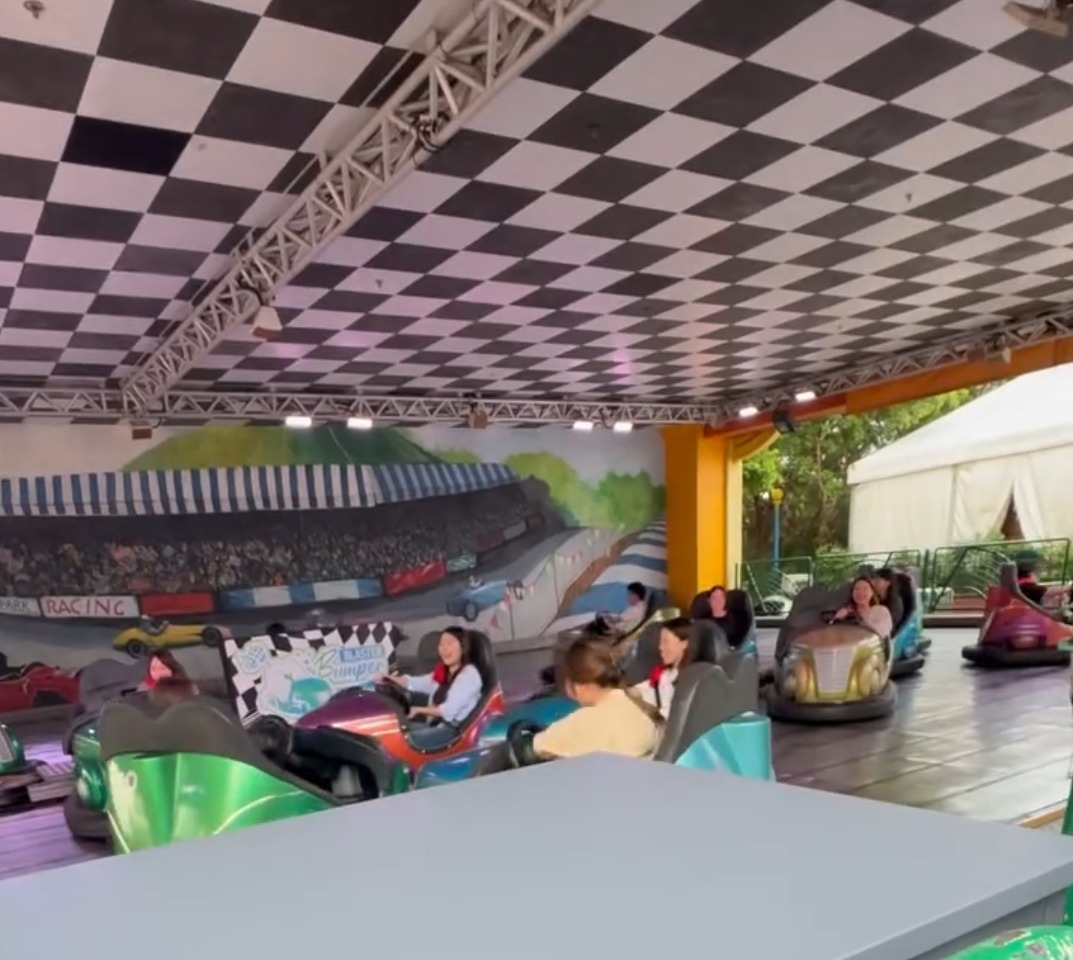 畫面所見，多部碰碰車在場內卡住不動，員工見狀即場以普通話講解操作方法。