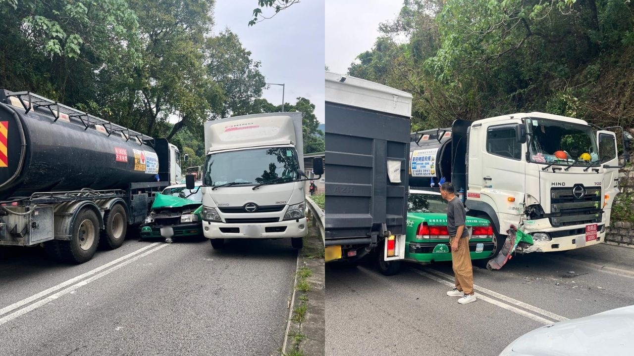 一輛的士與一輛運油車相撞，隨後一輛密斗貨車因空間不足未能通過，三車佔據行車線，現場交通一度嚴重擠塞。
