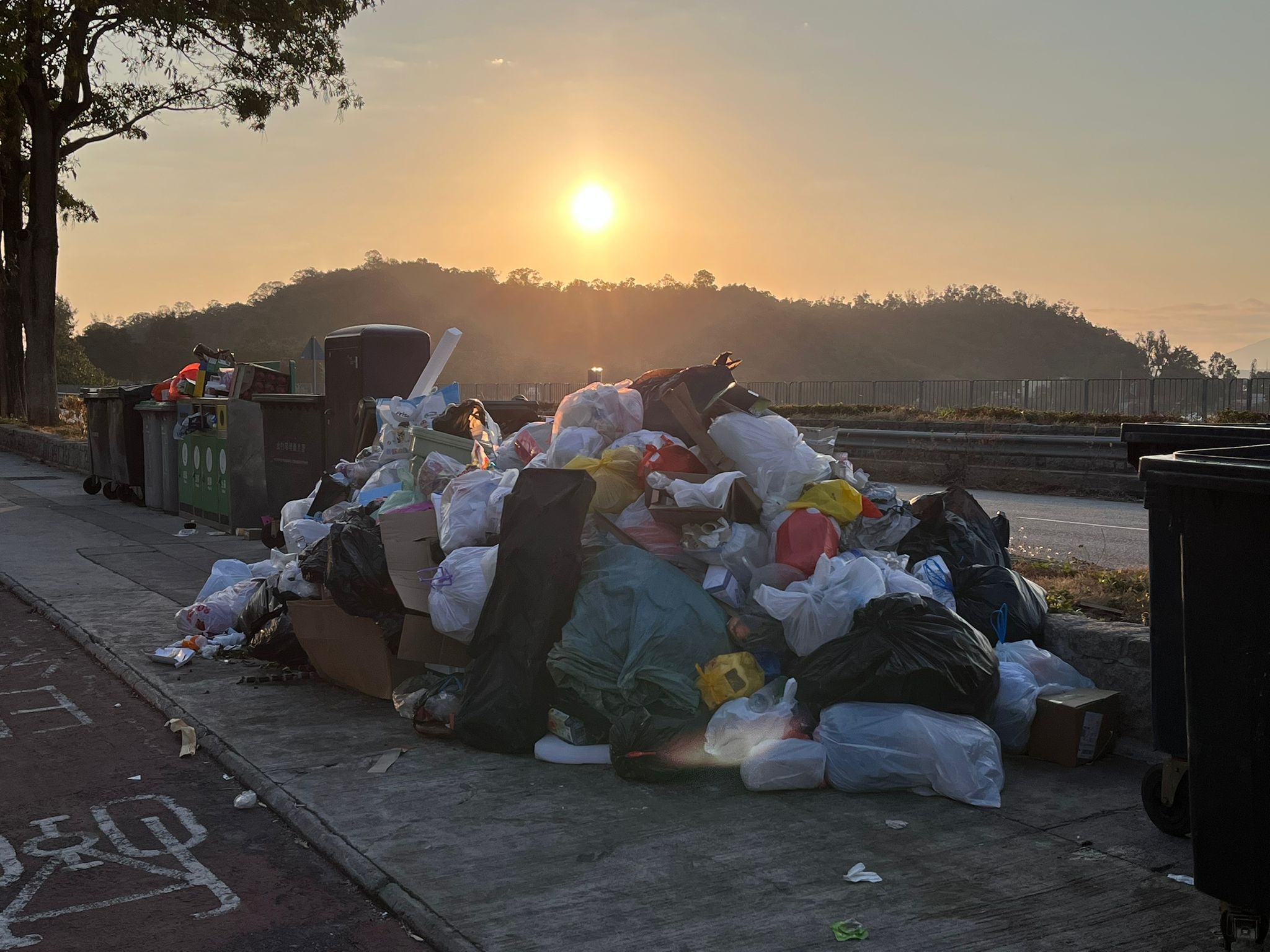 在大埔龍尾村，垃圾被放置在行人路再收集。（報料觀眾提供圖片）