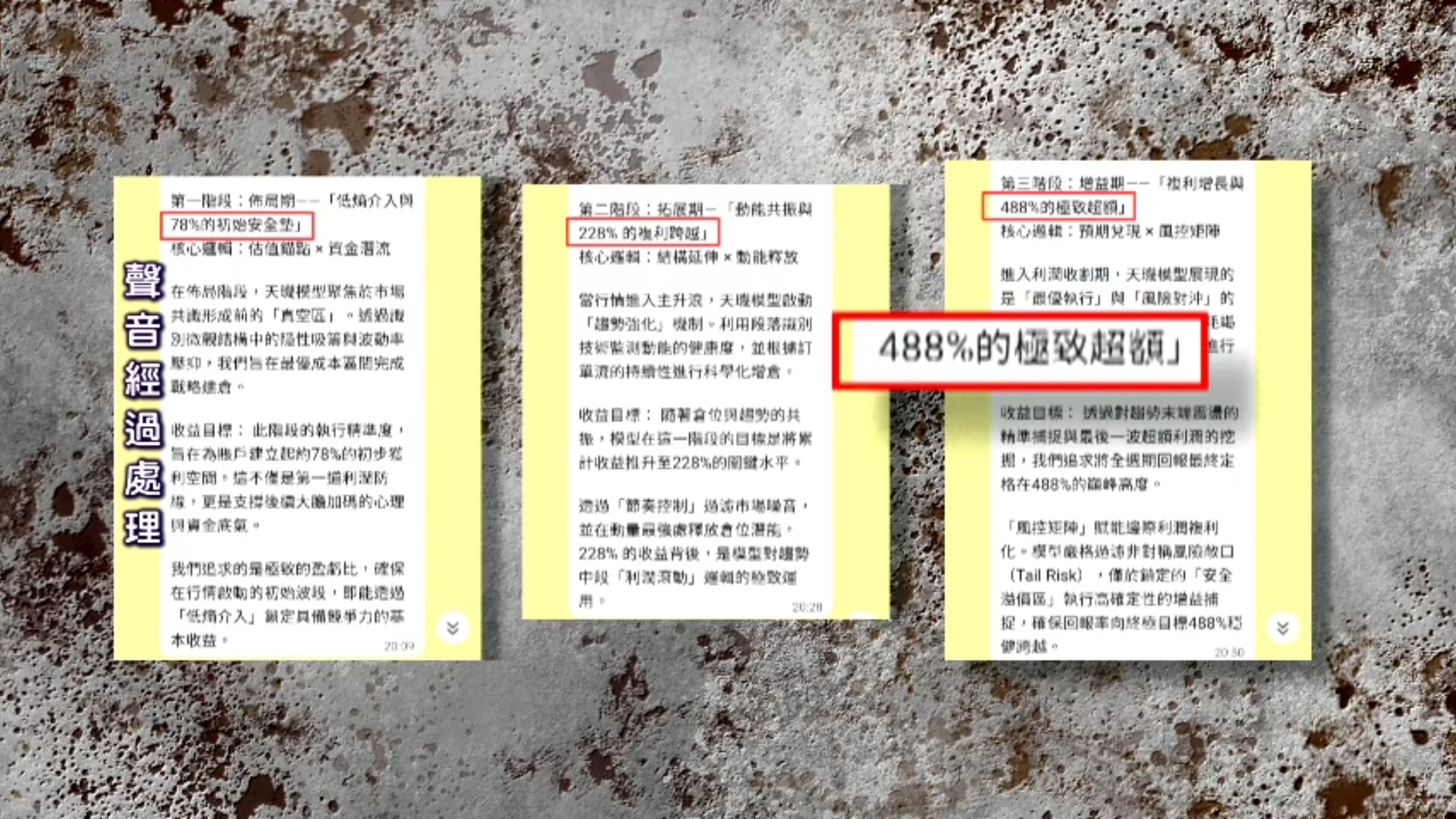 群內充滿各類關於量化投資的專業術語，聲稱投資回報率可高達 488%，誘使成員投入資金。