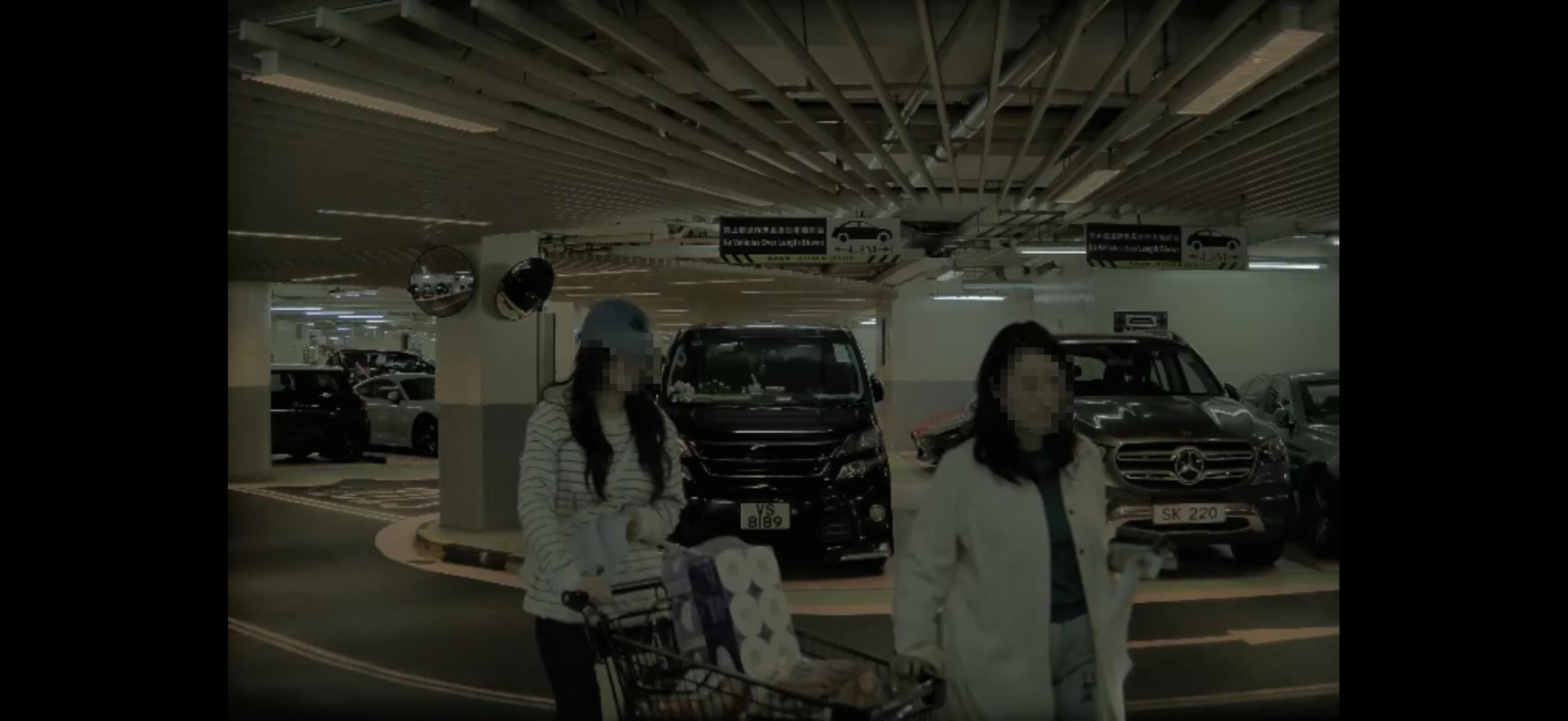 兩名長髮女子早前在尖沙咀一個商場的超市購物後，推著超市手推車，載著一大車貨品，到停車場準備上車離開。（Threads圖片／garypo__）