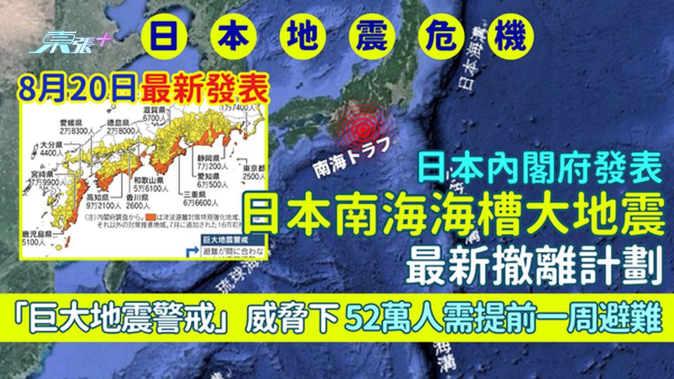 日本地震｜日本內閣府發表日本南海海槽地震最新撤離計劃「巨大地震警戒」威脅下 52萬人需提前一周避難