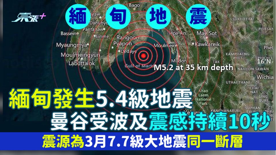 緬甸地震｜緬甸發生5.4級地震 曼谷受波及震感持續10秒/震源為3月7.7級大地震同一斷層 