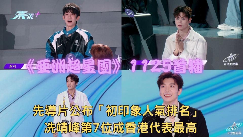 亞洲超星團1125首播｜先導片公布「初印象人氣排名」 冼靖峰第7位成香港代表最高