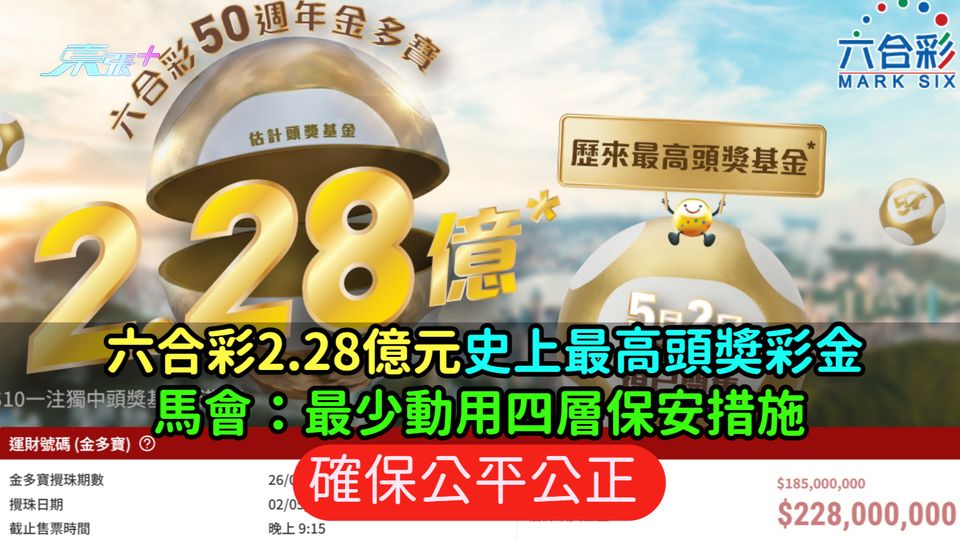  六合彩2.28億元史上最高頭奬彩金  馬會：最少動用4層保安措施確保公平公正