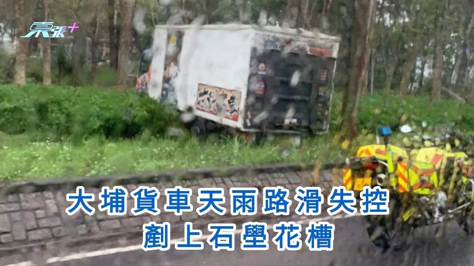 大埔貨車天雨路滑失控 剷上石壆花槽