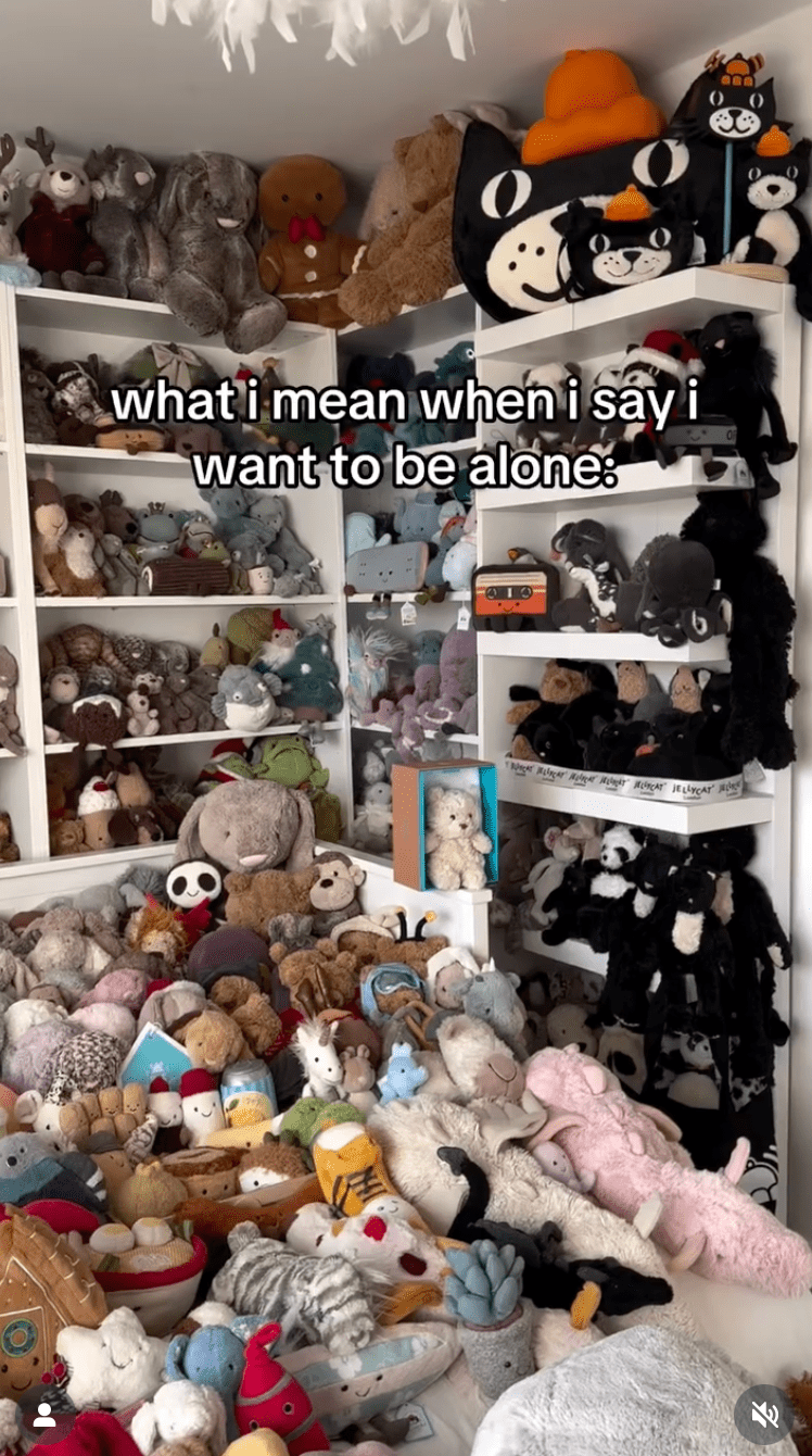羅拔絲的臥室已徹底被Jellycat商品「攻陷」，變成了一座微型Jellycat博物館。（羅拔絲社交媒體圖片）