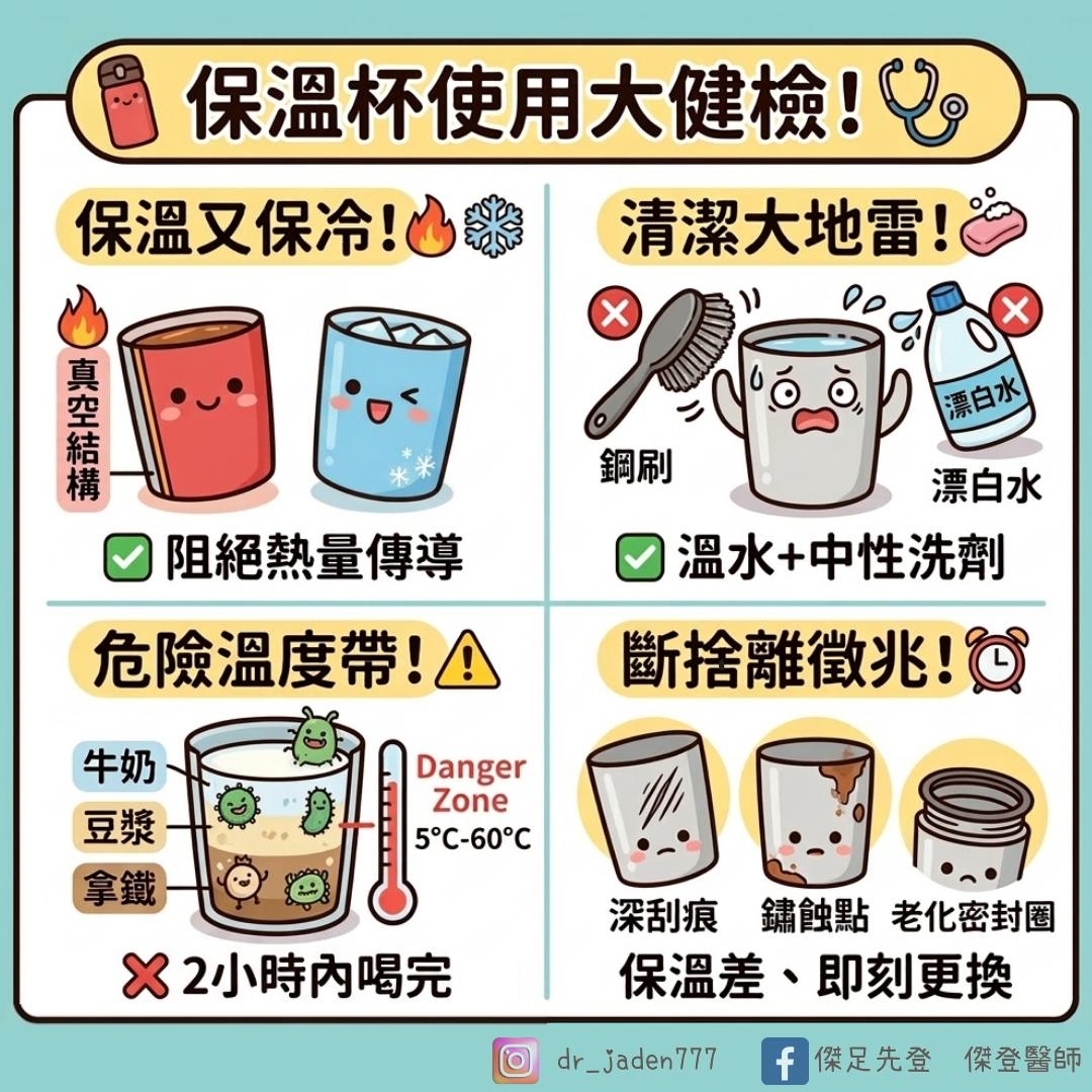 May be an image of tofu and text that says '保溫杯使用大健檢！ 保溫又保冷！ X 清潔大地雷！ 的 結 . 真 믿은 阻絕熱量傳導 x 鋼刷 源白水 漂白水 溫水+中性洗劑 危險溫度帶! 斷捨離徵兆！ Danger Zone 5°C-60C 牛奶 豆漿 拿鐵 x 2小時内喝完 深刮痕鑰蝕點老化密封團 深刮痕 錦蝕點 老化密封圈 保溫差 差、即刻更換 dr_Jaden777 f d_ade777　f條足先登條登警師 傑足先登傑登醫師 傑足先登 傑登醫師'