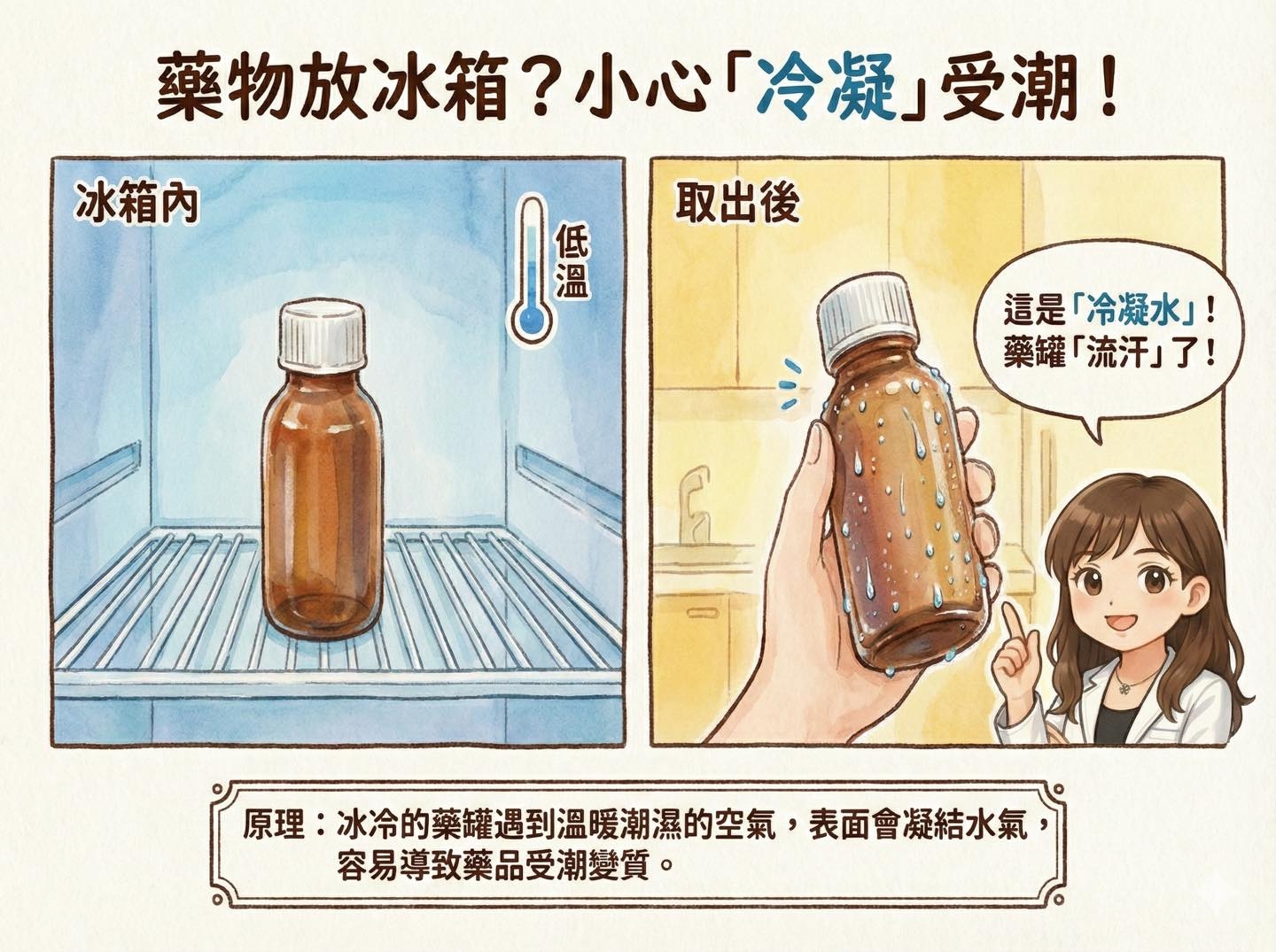 May be an image of medicine and text that says '冰箱内 藥物放冰箱？小心「冷凝」受潮！ 「冷凝」 受潮！ 藥物放冰箱？ 小心 番 溫 低 取出後 這是「冷凝水」！ 藥罐 藥罐「流汗」了！ 6 原理： 冰冷的藥罐遇到溫暖潮濕的空氣， 預理：冰冷的藥耀遇到温暖謝濕的空氣，表面會餐結水氣 表面會凝結水氣 容易導致藥品受潮變質。'