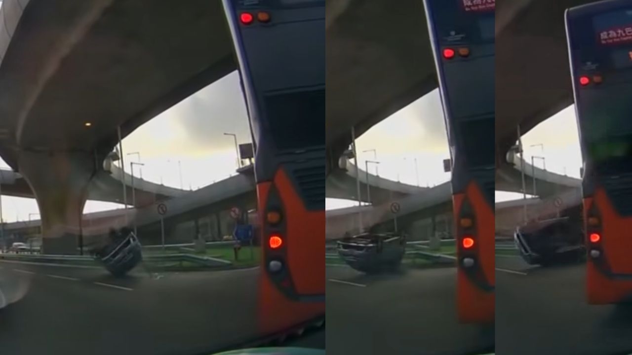 赤鱲角機場南交匯處周六（18日）下午發生一宗交通意外，一輛龍運雙層巴士與一輛私家車相撞，導致私家車翻側，車內乘客一度被困。