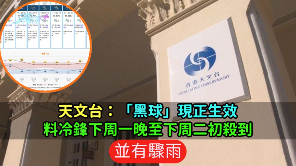 天文台：「黑球」現正生效  料冷鋒下周一晚至下周二初殺到並有驟雨