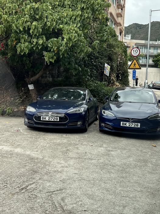 街邊驚見「孖生車牌」Tesla車出現　網民質疑真偽：係咪AI整架？ (Facebook@LoyalPear6178)