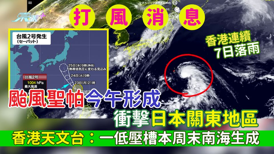 打風消息｜颱風聖帕今午形成衝擊日本關東地區 香港天文台：一低壓槽本周末南海生成 連續7日落雨