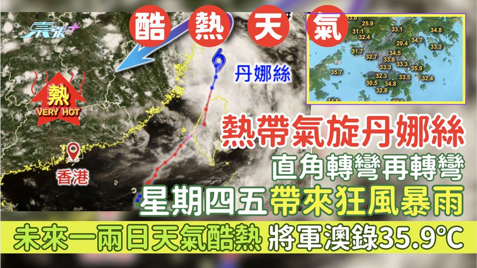 天文台：熱帶氣旋丹娜絲直角轉彎再轉彎 未來一兩日天氣酷熱/將軍澳錄35.9℃/星期四五帶來狂風暴雨