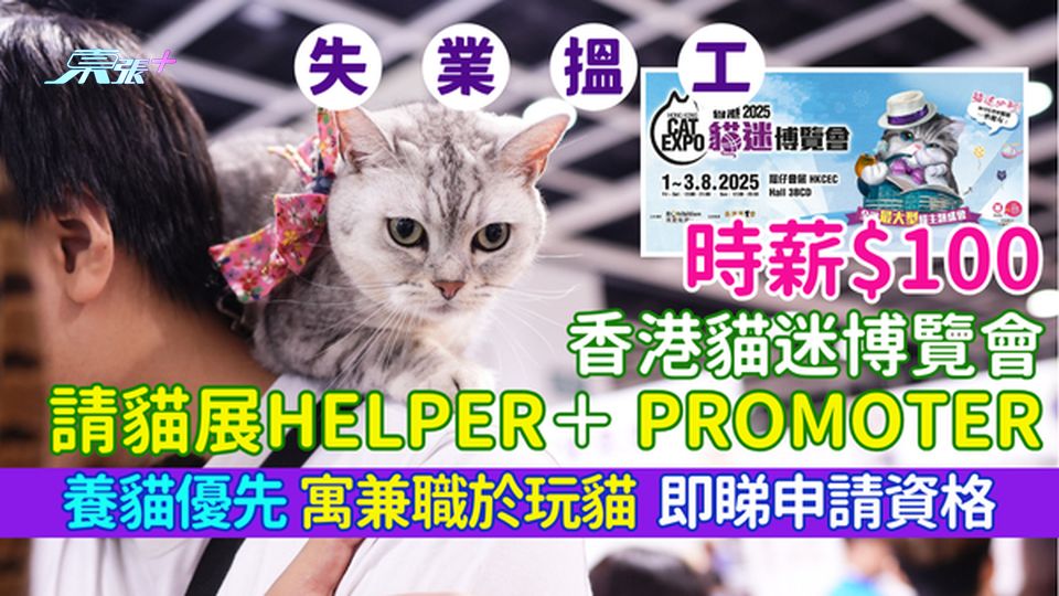 失業搵工｜貓展請Helper＋寵物食品銷售員 時薪$100/養貓優先/寓兼職於玩貓/即睇申請資格
