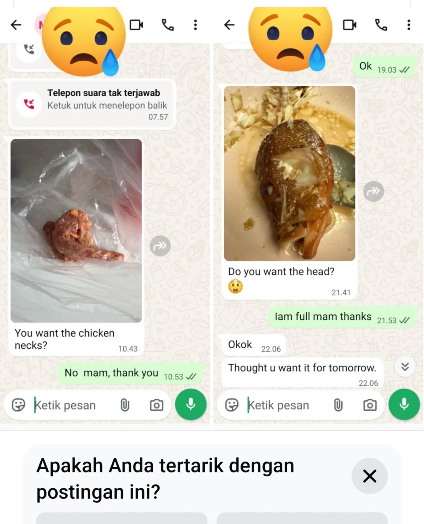 印傭網上控訴遭僱主逼食雞骨魚骨　聊天截圖曝光　姐姐們怒轟：將工人當機械人 （Facebook群組）