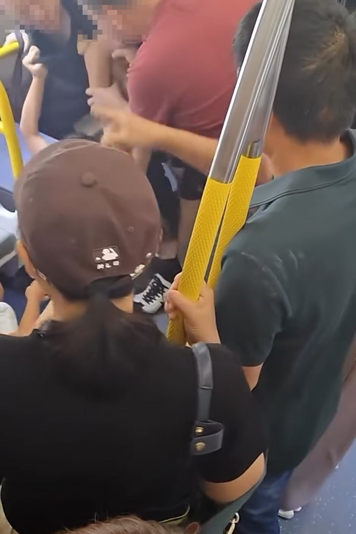 一名黑衣短袖女子跌在地上，雙手則扯住一名黑衣禿頭男子的上衣衣領。（Facebook影片截圖／車cam L（香港群組）／Soso Chan）