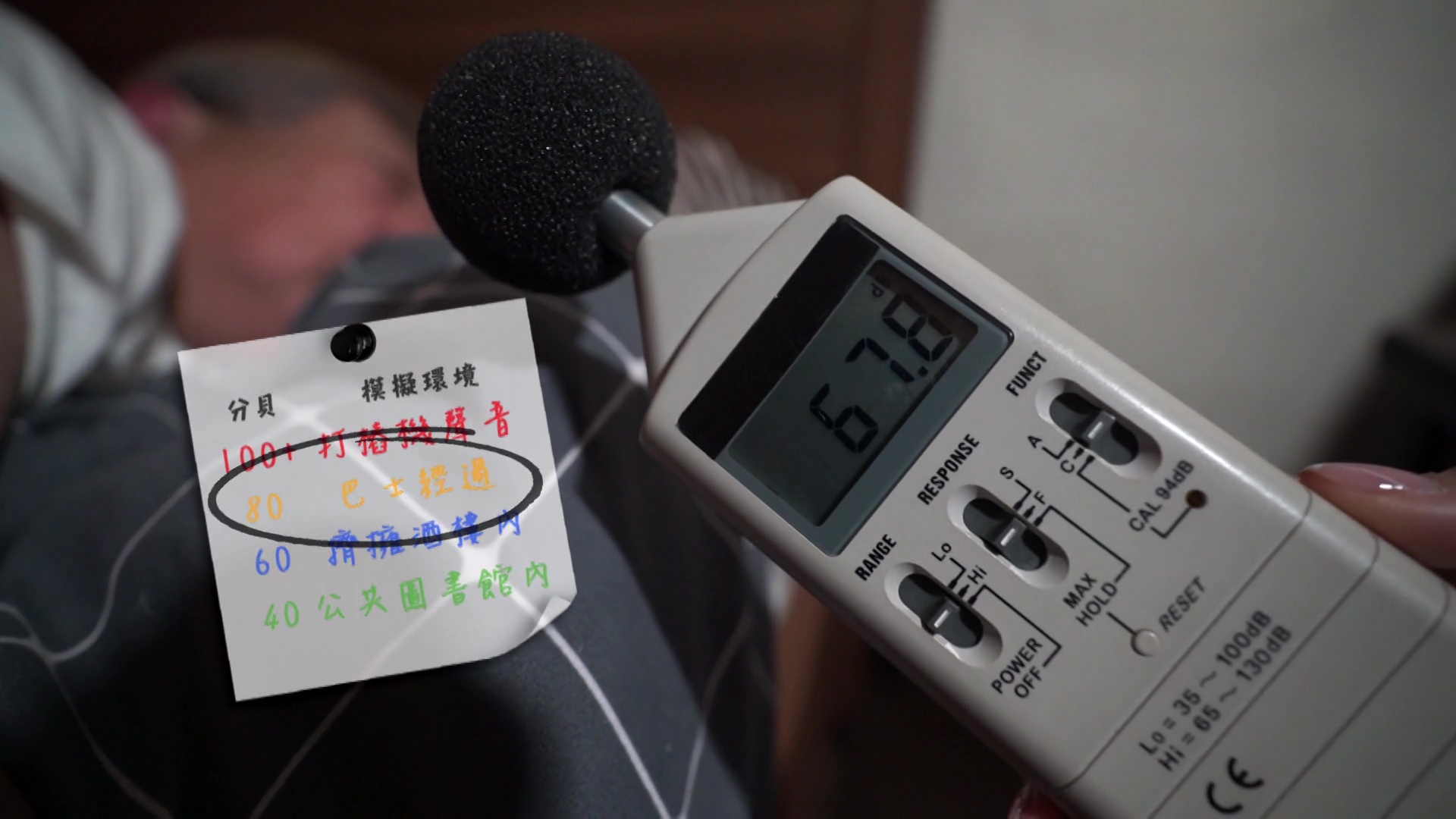 三位主持除咗會用分貝機檢測陳老闆鼻鼾嘅厲害程度。