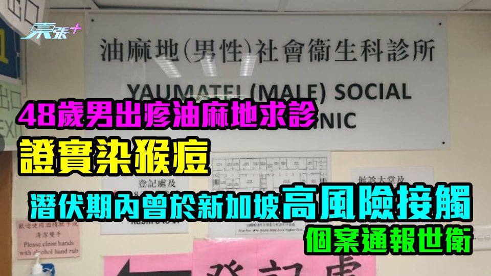 48歲男高風險接觸油麻地求診證實染猴痘 曾於新加坡高風險接觸 通報世衛