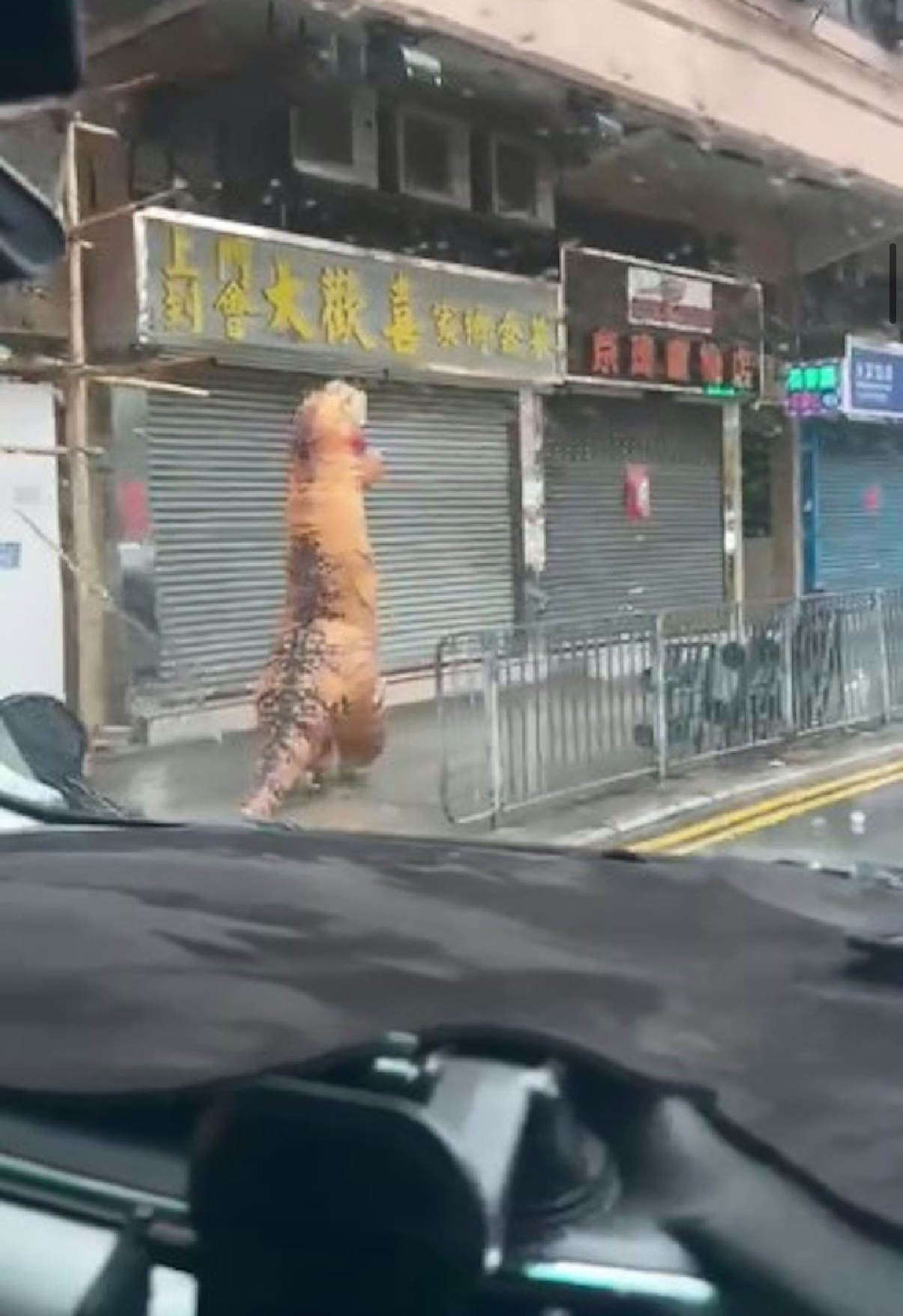 颱風韋帕｜十號波來襲　市民搞笑穿「吹氣恐龍」服穿梭街頭惹網民熱議