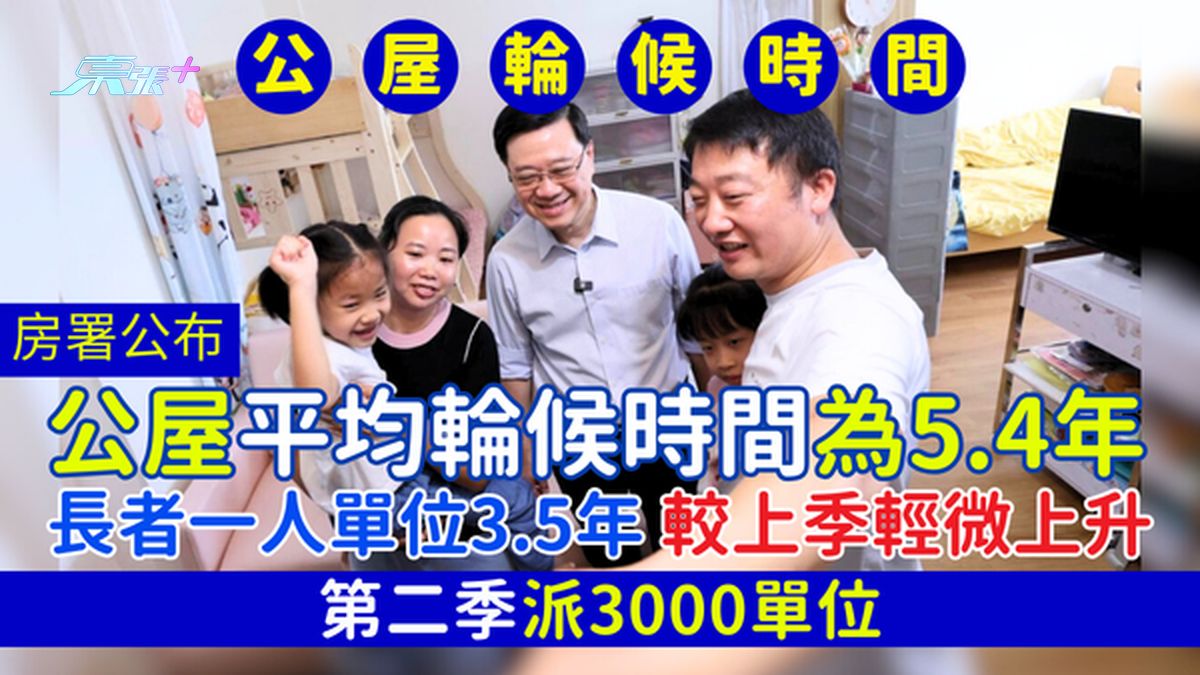公屋轮候时间｜房署公布平均为5.4年 长者一人单位3.5年 较上季轻微上升/第二季派3000单位
