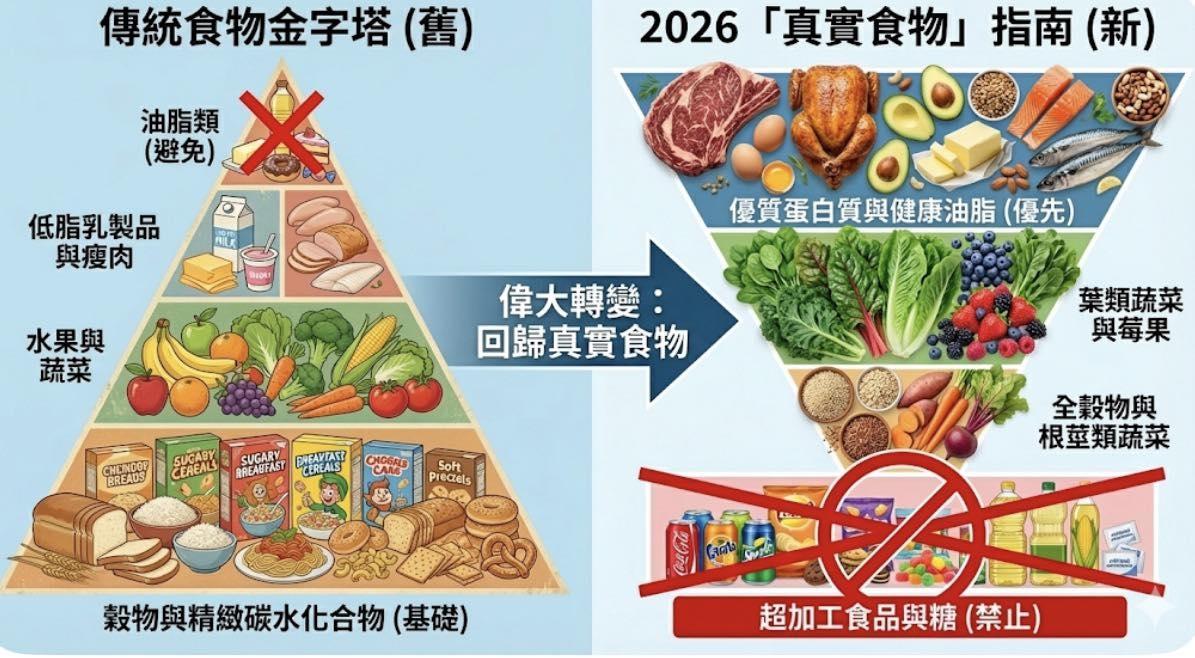 May be an image of text that says '傳統食物金字塔 （舊） 油脂類 （避免） 2026 「真實食物」 指南 2026「真實食物指南（新） （新） 低脂乳製品 與瘦肉 水果與 蔬菜 優質蛋白質與健康油脂 （優先） 偉大轉變 回歸真實食物 CHONDEL EREADS BREADS SUGABY CEREAL SUGARY FREAVIATI BREABFAST CEREALS CAND 葉類蔬菜 與莓果 Soht Preczels 全穀物與 根萃類蔬菜 20C P 穀物與精緻碳水化合物 （基礎） 超加工食品與糖（禁止 （禁止）'