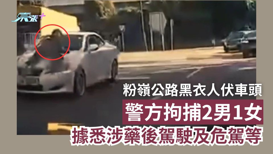 粉嶺公路黑衣人伏車頭　警方拘捕2男1女　據悉涉藥後駕駛及危駕等