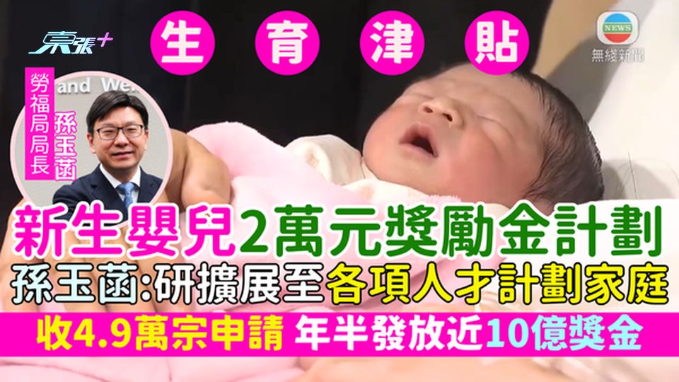 新生嬰兒2萬元獎勵金計劃 收4.9萬宗申請/年半發放近10億獎金/孫玉菡：研擴展至各項人才計劃家庭