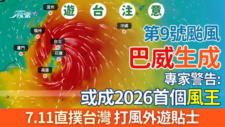 遊台注意｜第9號颱風「巴威」生成！專家警告或成2026首個「風王」7.11直撲台灣  打風外遊貼士