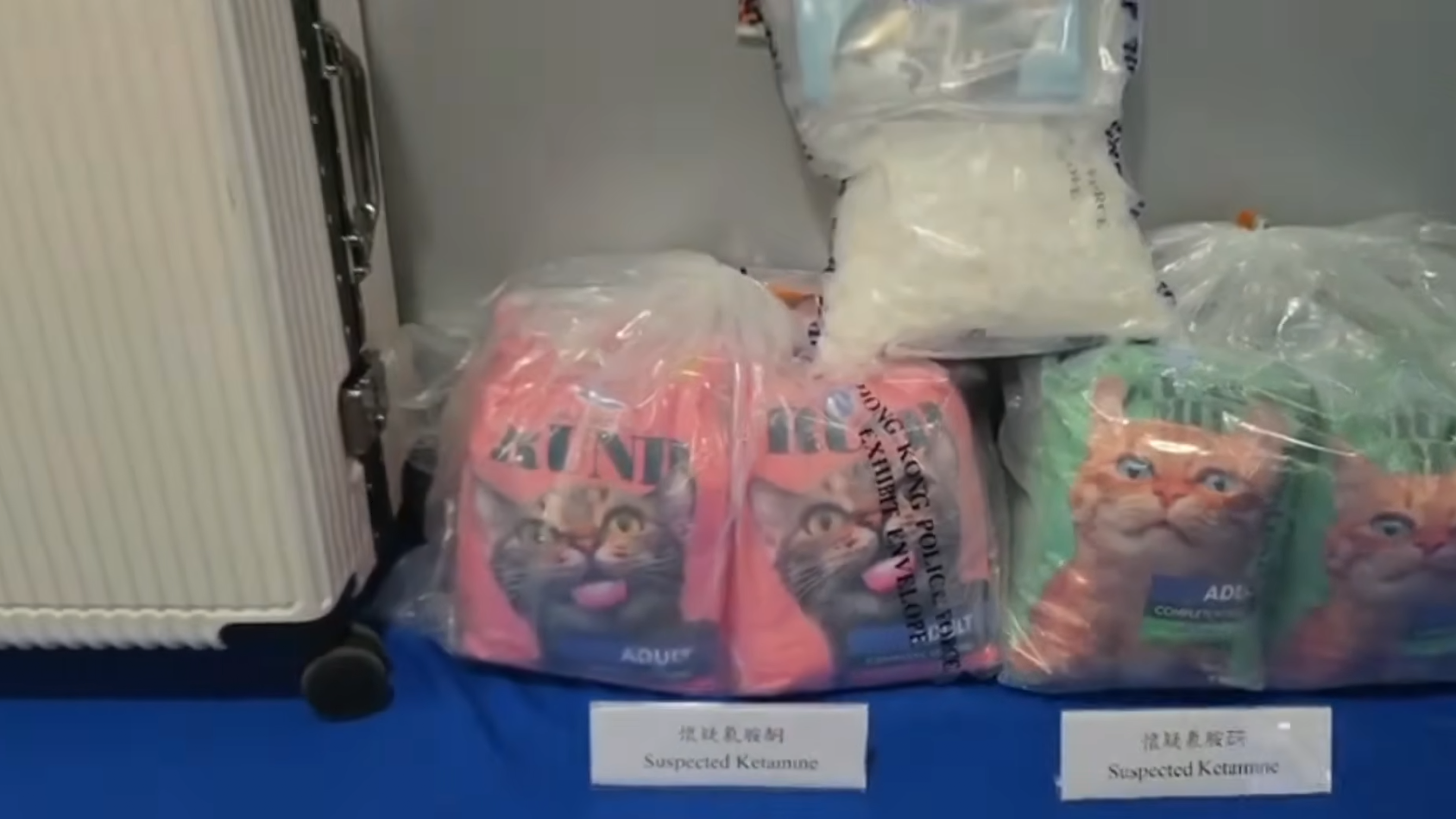 警方檢獲25公斤懷疑氯胺酮，市值約港幣970萬元。（警方YouTube直播截圖）