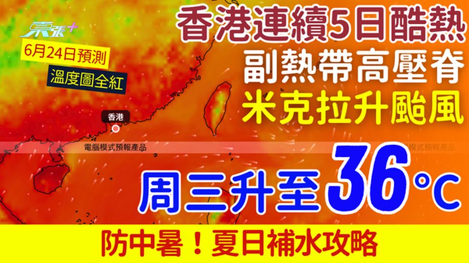 香港連續5日酷熱｜副熱帶高壓脊+米克拉升颱風 周三升至36℃ 夏日補水攻略