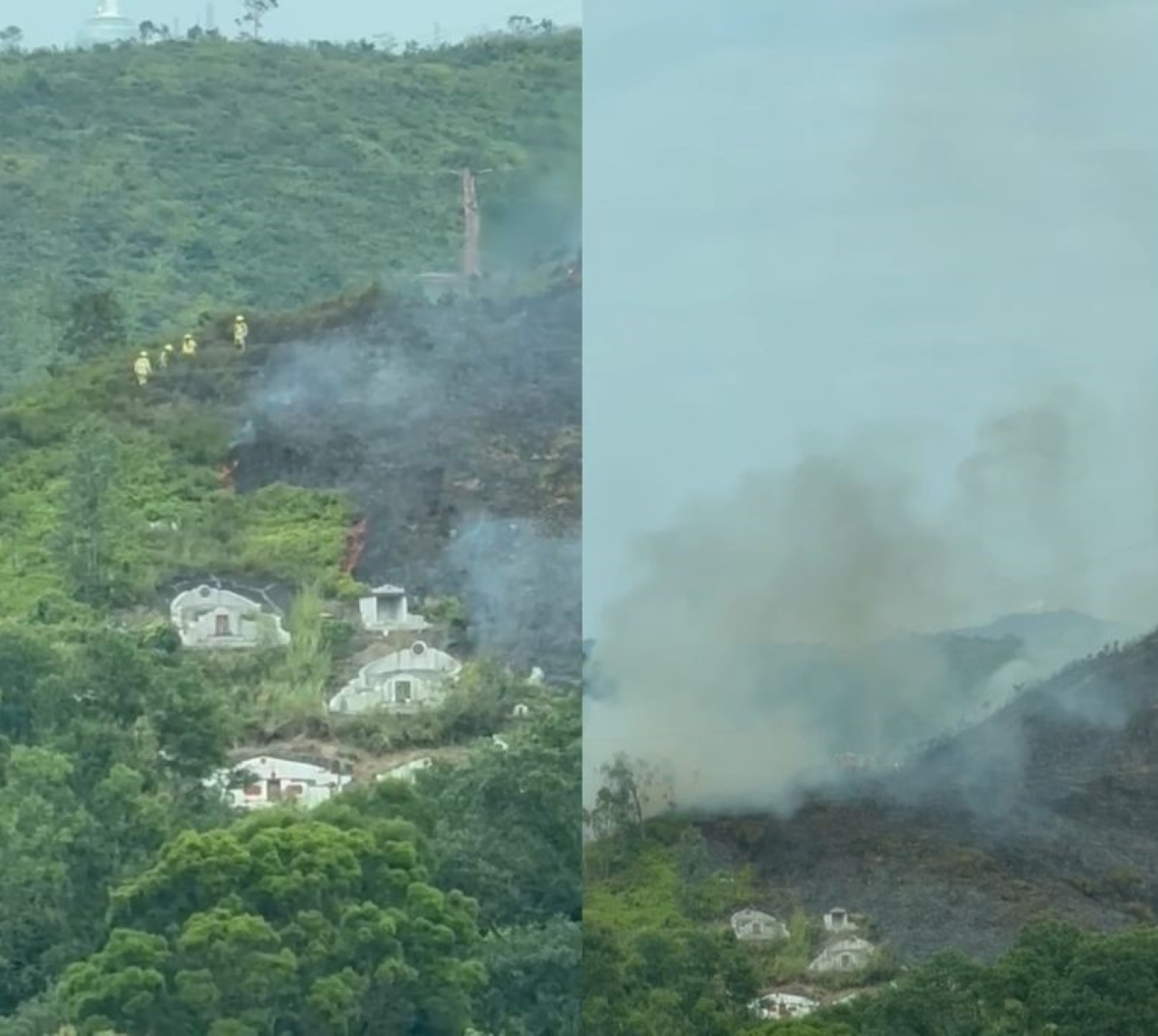 今日（10月26日）下午約2時許，有觀眾拍片報料，指在上水梧桐河華山村後方山坡發現火警，並拍攝多段現場影片。片段所見，山頭冒出大量濃煙，火勢迅速蔓延，燒毀大片草地，火舌一度逼近山上多個墳墓位置，情況令人關注。